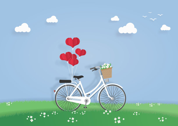 自行车在草地或花园折纸气球心，鸟，云。情人节和纸艺术概念。图片下载