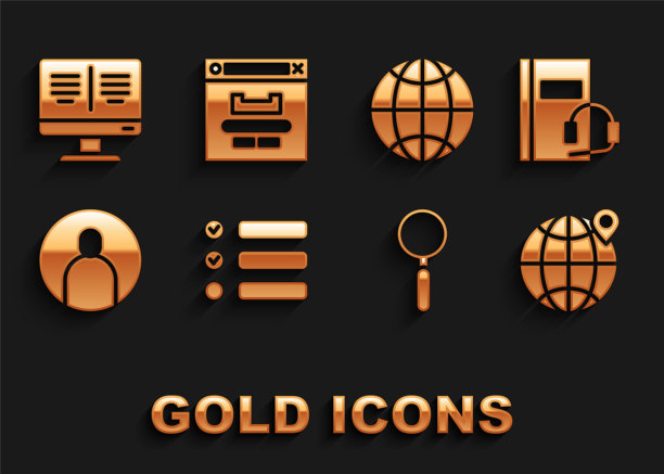 设置任务列表，有声书，地球上的位置，放大镜，创建帐户屏幕，社交网络，在线监视器和浏览器窗口图标。向量图片下载