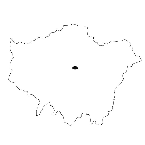 大伦敦省的伦敦地图，白色背景。英格兰大伦敦行政地图上以黑色突出显示的单个郡地图。图片下载