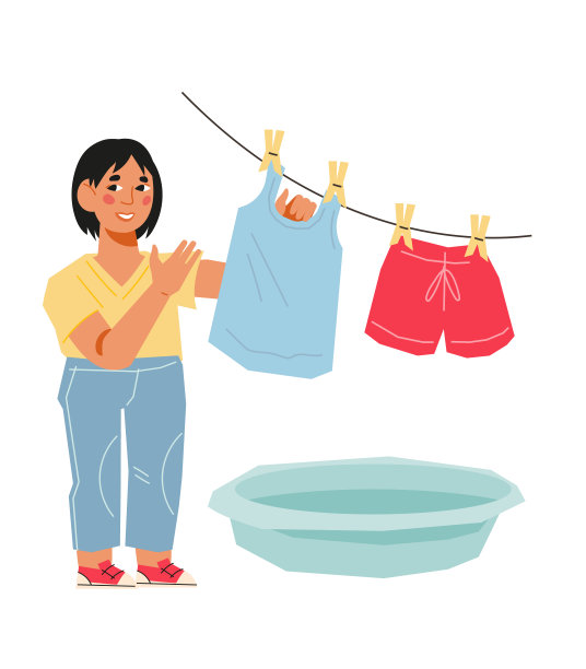 童女帮忙做家务和洗衣服，平卡通矢孤立。图片下载