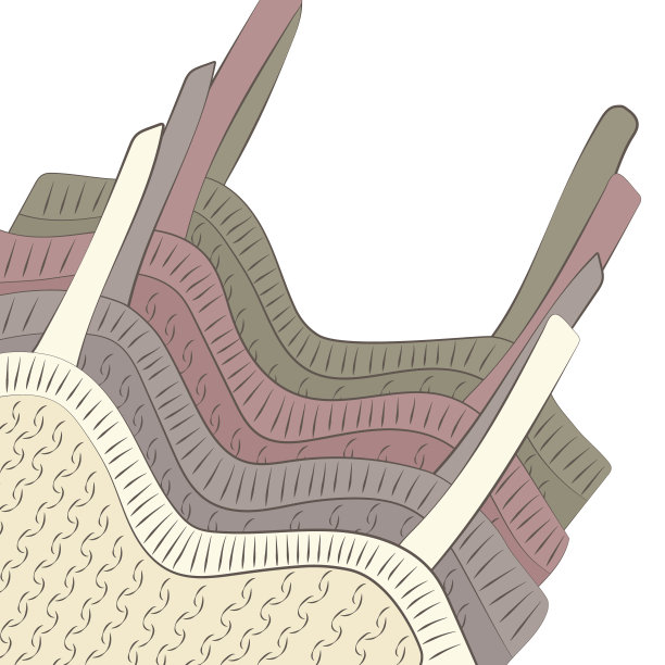 一套女性内衣的时尚插图。模板的社交网络，网上商店，时髦的帐户。不同颜色的上衣和胸罩。美丽的极简主义艺术。平坦的插图。图片下载