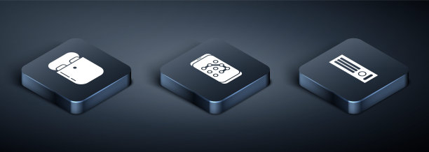 在盒子中设置等距空气耳机，视频游戏机和手机，图形密码保护图标。向量图片下载