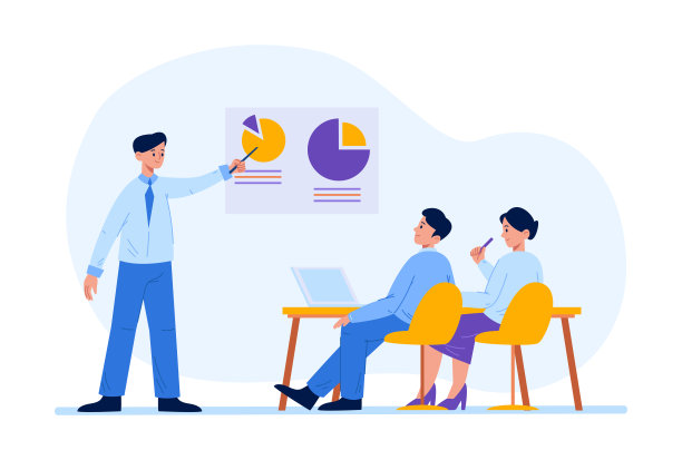 商务会议报告。男女角色拿着笔记本电脑坐在桌子前参加训练图片下载