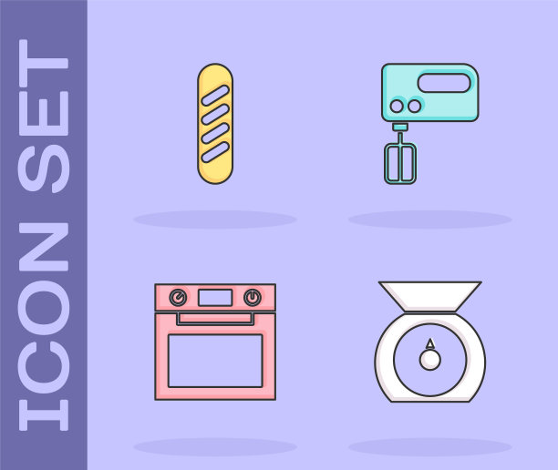 设置秤，法国法棍面包，烤箱和电动搅拌机图标。向量图片下载