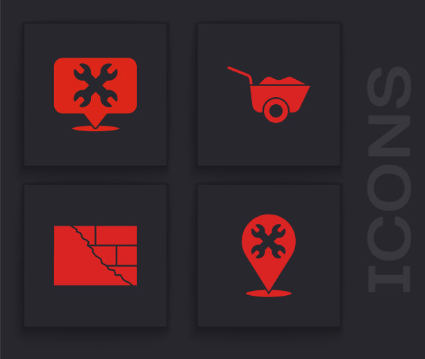 用扳手，手推车和砖块图标设置位置。向量图片下载