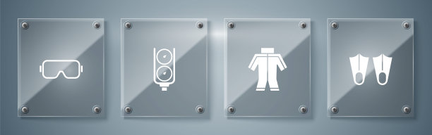 设置橡胶脚蹼，潜水服，体重计和潜水面罩。方形玻璃面板。向量图片下载