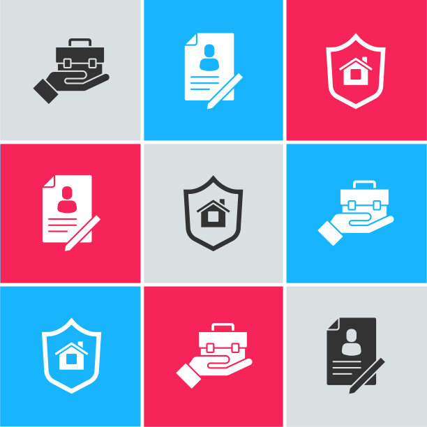 设置手提公文包，文件与盾牌和房屋图标。向量图片下载