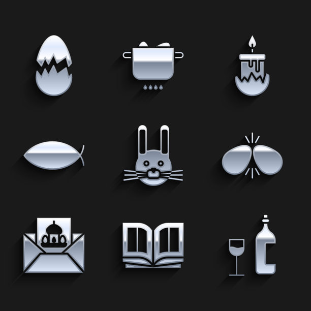 集复活节兔子，圣经书，玻璃瓶，鸡蛋，贺卡快乐，基督教鱼，燃烧的蜡烛和破碎的图标。向量图片下载