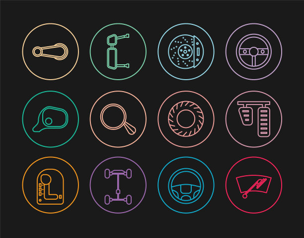 设置线挡风玻璃雨刮器，汽车汽油和刹车踏板，卡钳盘，镜子，门把手，轮胎和卡车侧面图标。向量图片下载