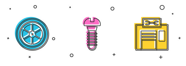 设置自行车车轮、金属螺丝及维修服务图标。向量图片下载