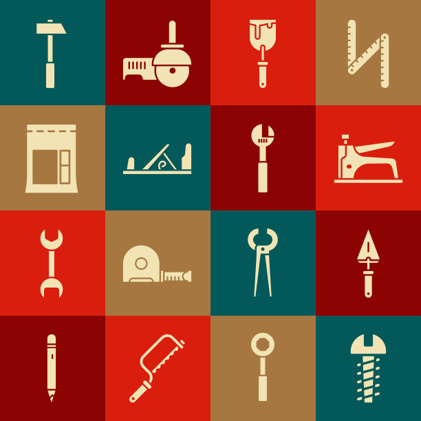 设置金属螺丝、镘刀、建筑订书机、油灰刀、木平面工具、水泥袋、锤子和活动扳手图标。向量图片下载