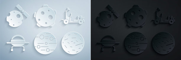 设置行星火星，漫游者，不明飞行物飞行飞船，金星，和卫星围绕行星地球图标。向量图片下载