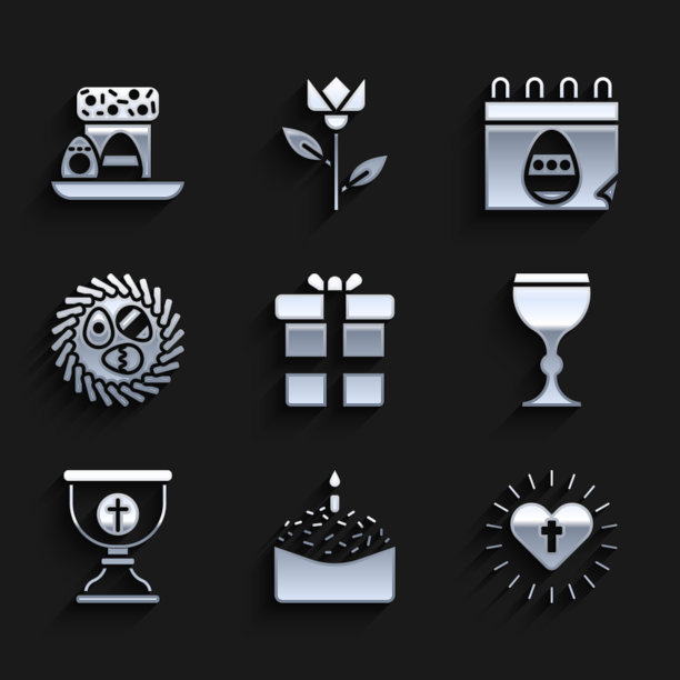 集礼盒，复活节蛋糕和蜡烛，基督十字心，酒杯，圣杯，鸡蛋柳条窝，日历与和鸡蛋图标。向量图片下载