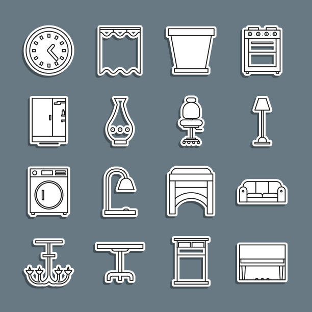 套装线三角钢琴，沙发，落地灯，花盆，花瓶，淋浴房，时钟和办公椅图标。向量图片下载