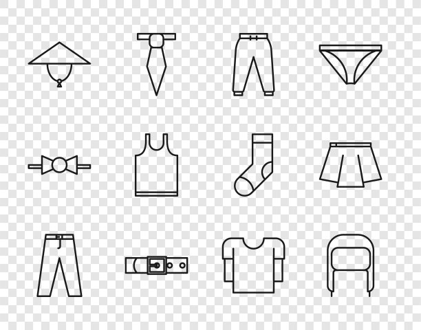 套装线裤，带耳罩的冬季帽，运动裤，皮带，亚洲锥形，无袖t恤，长袖和裙子图标。向量图片下载