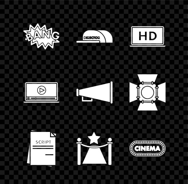 集Bang boom文字演讲气泡气球，笔记本电脑屏幕高清视频技术，场景，地毯屏障和明星，影院海报设计模板，在线播放和扩音器图标。向量图片下载