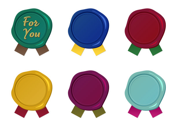 彩色印章和短彩带装饰配件套装图片下载