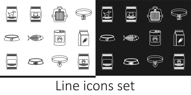 设置线袋食品宠物，猫，宠物手提箱，鱼骨架，碗，狗，罐头和图标。向量图片下载