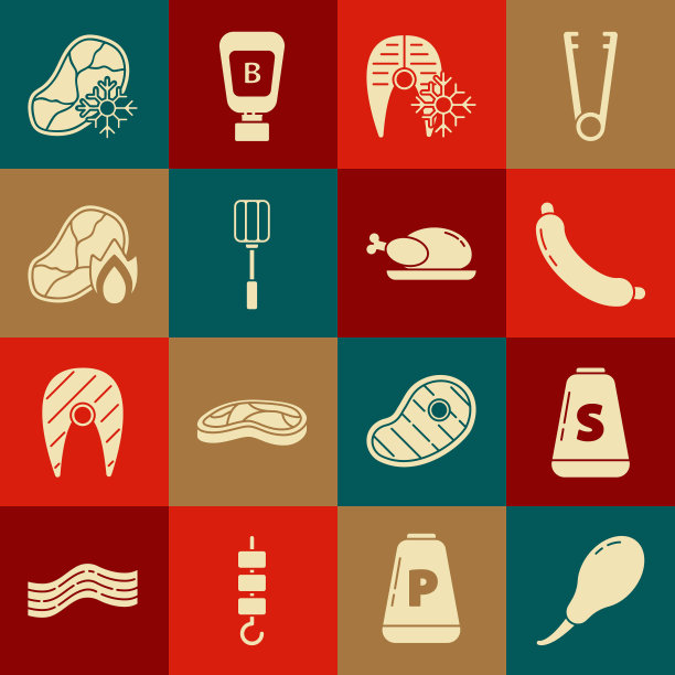 集鸡腿，盐，香肠，新鲜冷冻鱼排，锅铲，烤肉和火焰，和烤火鸡图标。向量图片下载