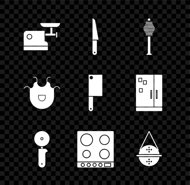 设置厨房绞肉机，刀，蜂蜜勺棒，披萨刀，煤气炉，球茶过滤器，围裙和肉类直升机图标。向量图片下载