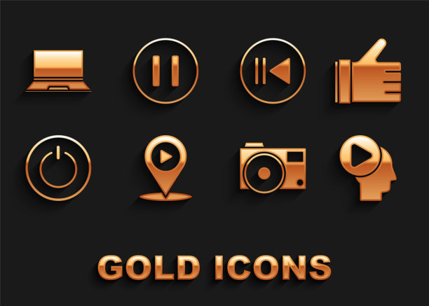 设置数字媒体播放位置，手喜欢，头部人按钮，照片相机，电源，倒带，笔记本电脑和暂停图标。向量图片下载