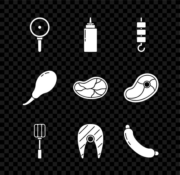 设置煎锅，酱瓶，烤羊肉串串上，锅铲，鱼排，香肠，鸡腿和牛排肉图标。向量图片下载