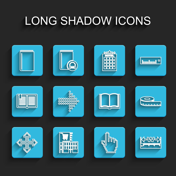 设置线像素箭头在四个方向，商场或超市建筑，书，手光标，测量高度长度，圆点，卷尺和打开书图标。向量图片下载