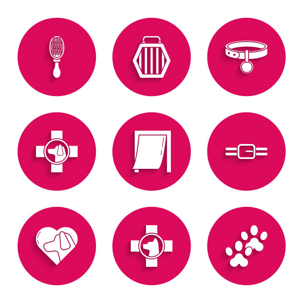 设置门宠物，兽医诊所符号，爪印，项圈与名牌，心脏狗，和毛刷和猫图标。向量图片下载