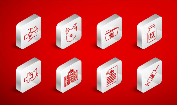 配有宠物疫苗注射器，狗，医疗兽医记录文件夹，猫药瓶，狗猫证书，兽医诊所，医院和图标。向量图片下载