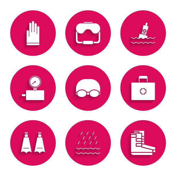 设置眼镜和帽子游泳，雨浪，靴子，急救箱，橡胶脚蹼，仪表规模，漂浮在海上的浮标和手套图标。向量图片下载