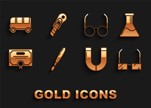 设置油漆刷，试管和烧瓶化学实验室，眼镜，磁铁，证书模板，校车和文具刀图标。向量图片下载