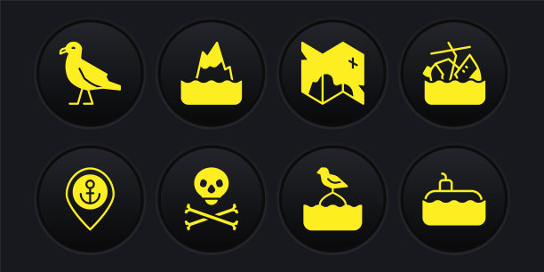 设置位置与锚，沉没的游轮，头骨交叉骨头，海鸥坐浮标，海盗藏宝图，冰山，潜艇和鸟海鸥图标。向量图片下载