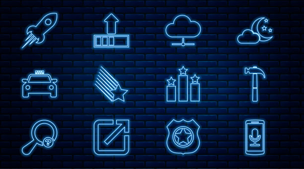 设置线移动记录，锤子，网络云连接，流星，出租车，火箭船与火，排名和装载图标。向量图片下载