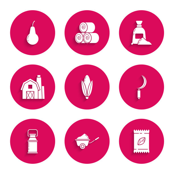 Set Corn, Wheelbarrow with dirt, A pack of seed of specific plant, Sickle, Can container for milk, Farm House concept, Bag面粉和梨图标。向量图片下载