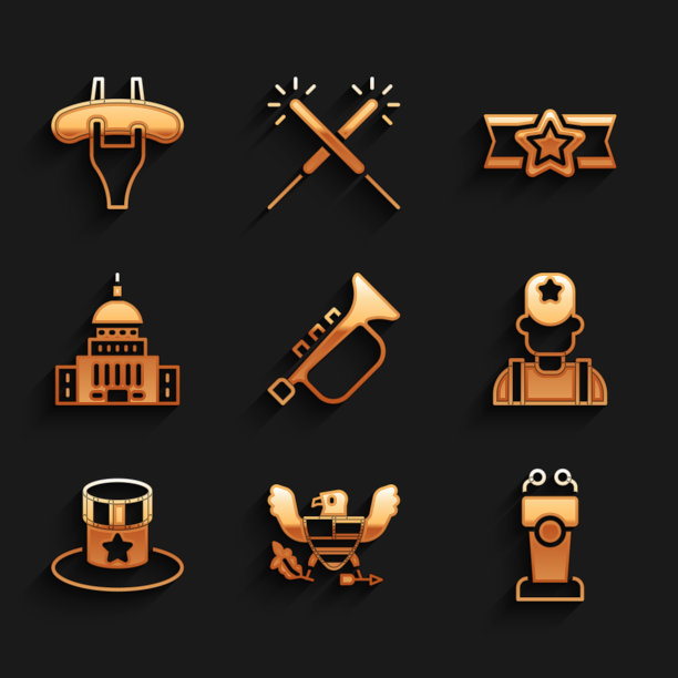 设置小号，鹰，舞台站或论坛，治安官牛仔，美国爱国礼帽，白宫，明星军队和香肠上的叉子图标。向量图片下载