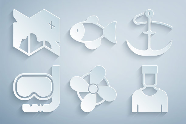 设置船螺旋桨，锚，潜水面具和通气管，水手船长，鱼和海盗藏宝图图标。向量图片下载