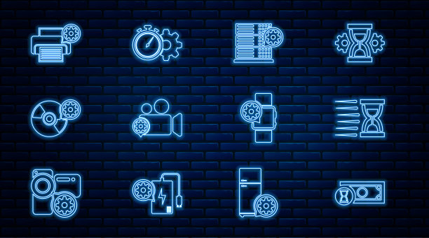 设置线快速支付，旧沙漏与沙子，服务器设置，摄像机，CD或DVD磁盘，打印机，智能手表和时间管理图标。向量图片下载