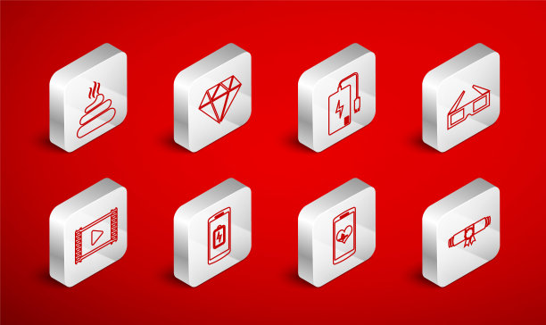 集线文凭卷卷，钻石，充电宝，3D电影眼镜，智能手机心率，大便，电池充电和播放视频图标。向量图片下载