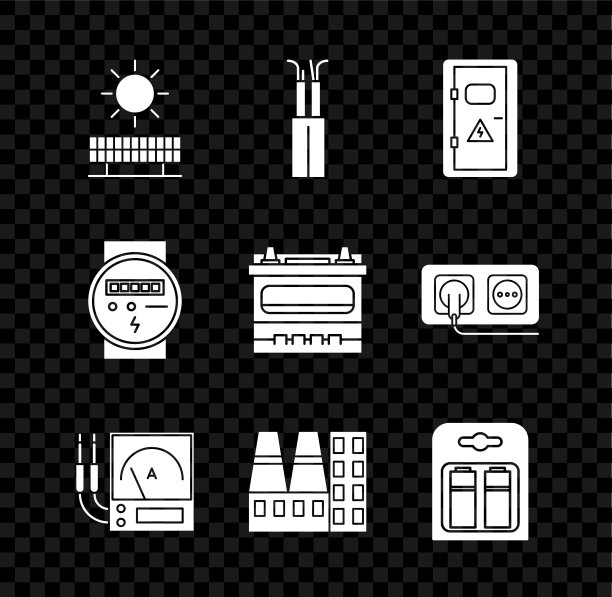 设置太阳能电池板和太阳，电缆，电器柜，安培表，万用表，电压表，电站工厂工厂，电池组，和汽车电池图标。向量图片下载