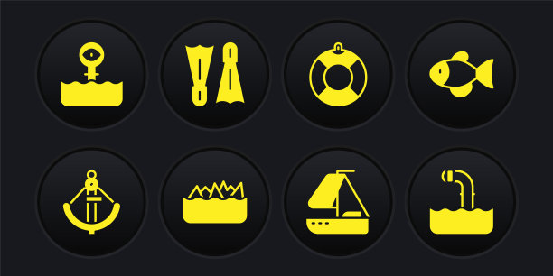 设置锚，鱼，尖锐的石头珊瑚礁，游艇帆船，救生圈，鳍状肢游泳，潜望镜和图标。向量图片下载
