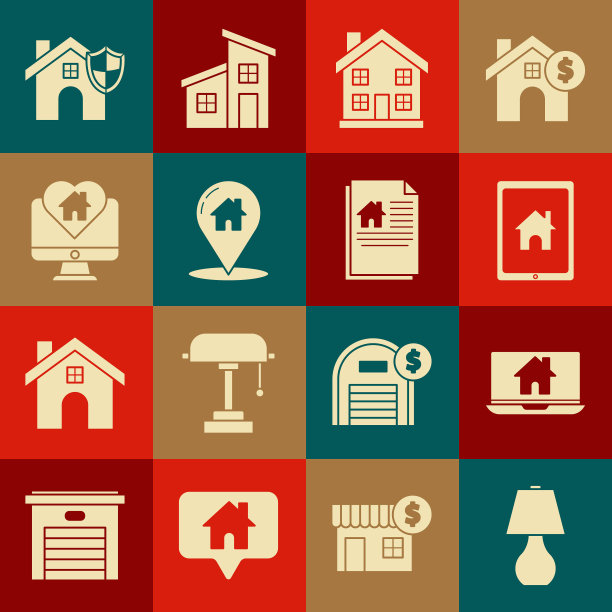 设置台灯，笔记本电脑和智能家居，平板电脑，家庭符号，地图指针与房屋，监视器心形，房屋盾牌和合同图标。向量图片下载