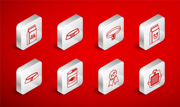 套装宠物箱，食物碗，狗项圈，狗袋，奖励标志，猫，罐头和图标。向量图片下载