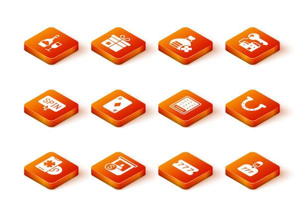 设置在线扑克桌游戏，赌场筹码交换，老虎机旋转按钮，扑克牌与钻石，彩票，幸运玩家和马蹄图标。向量图片下载