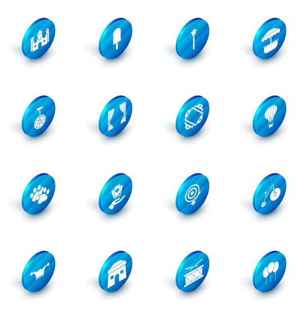 设置冰淇淋，魔杖，吸引旋转木马，独轮车或单轮自行车，爪印，窗帘，热气球和门票图标。向量图片下载