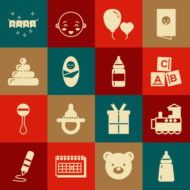 集婴儿瓶，玩具火车，ABC积木，气球形式的心脏，新生婴儿襁褓，金字塔玩具，嘉年华花环与旗帜和图标。向量图片下载