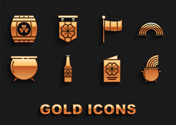 啤酒瓶与四叶草，彩虹，女巫大锅和彩虹，圣帕特里克节传单，小册子，明信片，爱尔兰国旗，木桶和街道招牌图标。向量图片下载