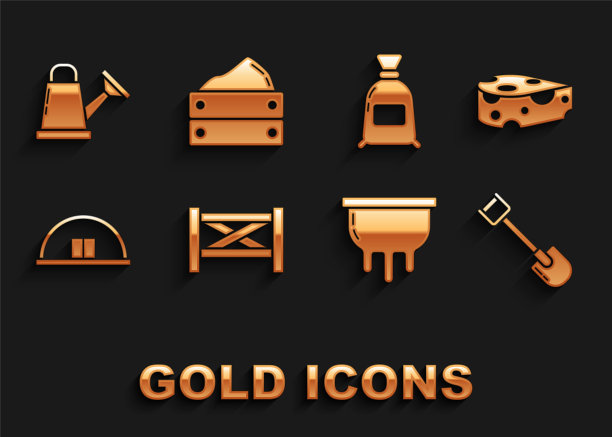 设置花园栅栏木，奶酪，铲子，乳房，机库，面粉袋，浇水罐和木盒与收获的图标。向量图片下载