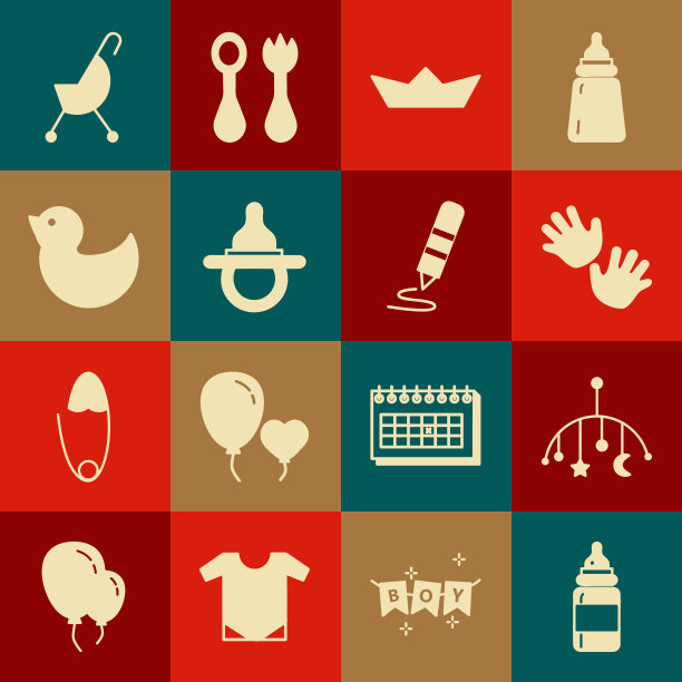 设置婴儿奶瓶，婴儿床挂玩具，手印，折叠纸船，假奶嘴，橡皮鸭，婴儿车和蜡笔画图标。向量图片下载