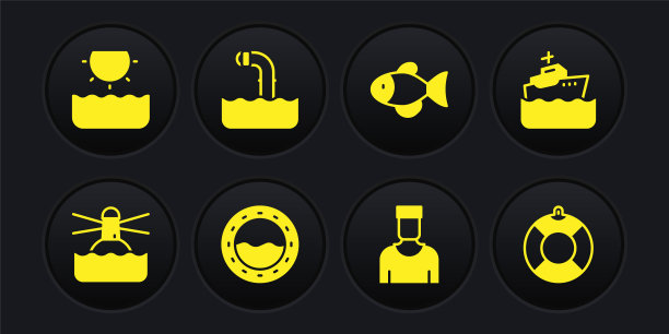 设置灯塔，游轮，船舶舷窗，水手船长，鱼，潜望镜，救生圈和太阳图标。向量图片下载