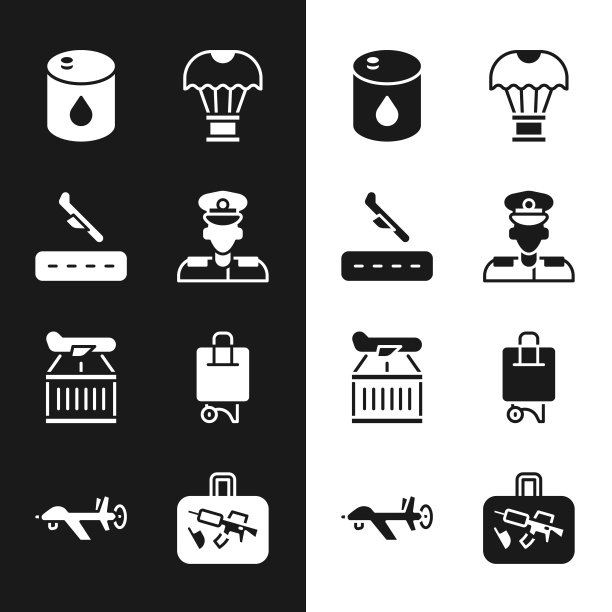 设置飞行员，飞机降落，桶油，箱子飞行在降落伞，手提箱，和无人机无人机图标。向量图片下载